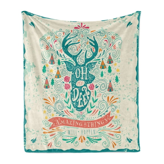 Vintage Soft Flannel Fleece Throw Blanket, Reindeer with Antlers with Tribal Element and Flowers, Cozy Plush for Indoor and Outdoor Use, 60" x 80", Multicolor, by Ambesonne