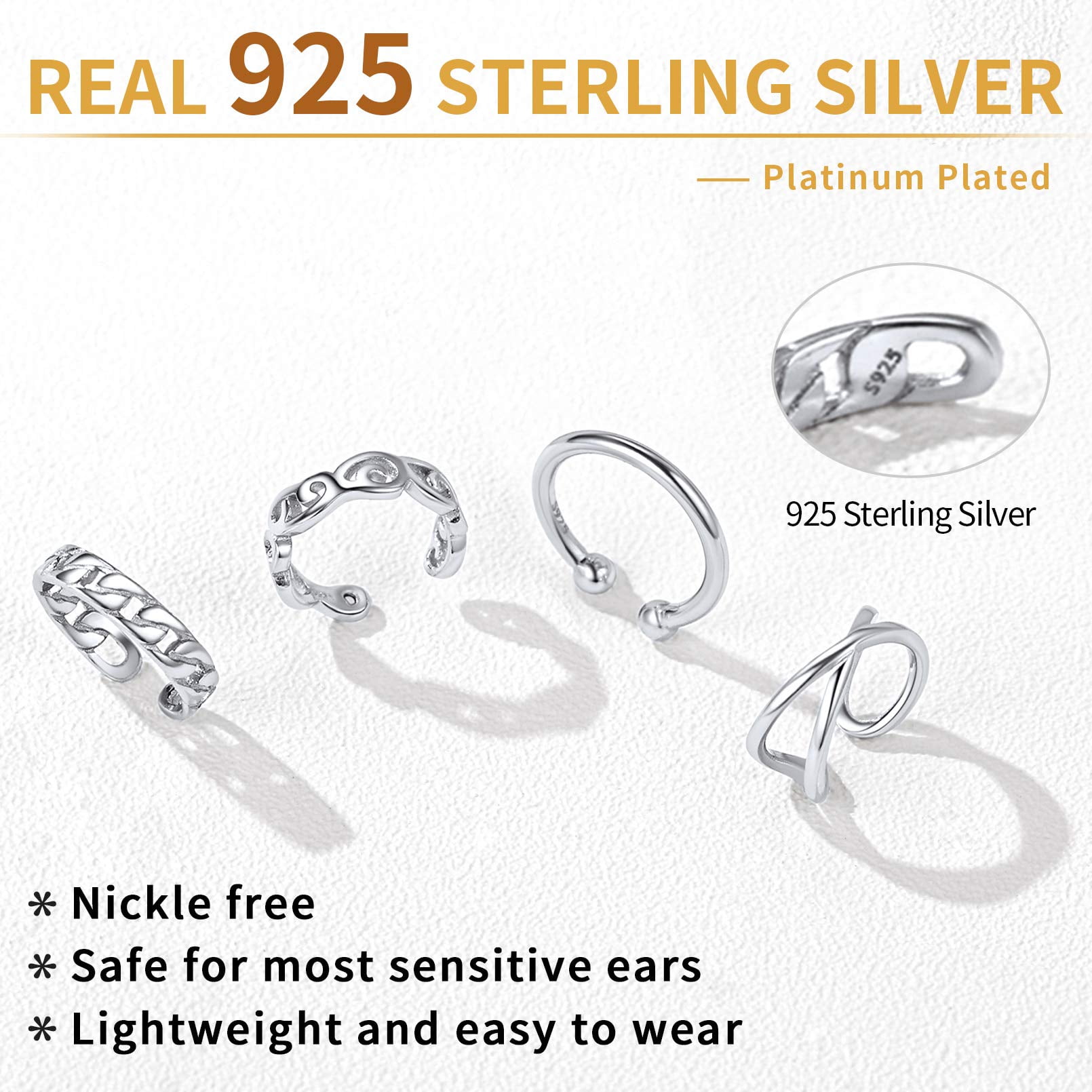 ChicSilver 4 Pcs Ear Cuff for Women Sterling Silver Earrings No Piercing Cartilage Earring Clip On Cartilage Earrings for (Silver)