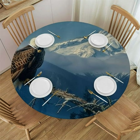 

Patifu Bald Eagle Mountain Wildlife Round Table Cover Stain Resistant Washable Indoor Outdoor Tablecloth Kitchen Dining Wedding Parties 100% Polyester Fiber 38-42
