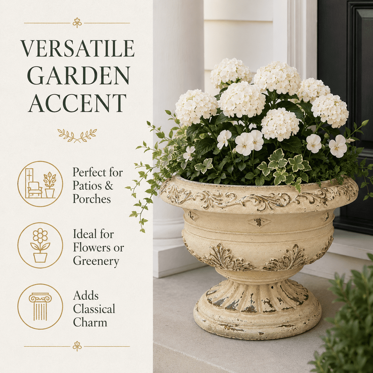 Aukfa Large MGO Garden Urn Planter, Outdoor Tall Decorative Stone-Look Flower Pot with Drainage Hole & Weather-Resistant, White