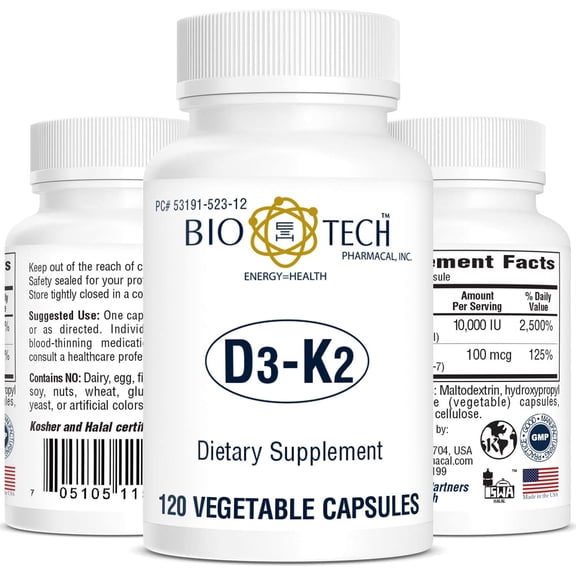 Bio-Tech Pharmacal D3-K2 (10,000 IU-K2), 120 Vegetable Capsules – All-Natural Supplement – Supports Skeletal & Immune Health – No Dairy, Fish, Gluten, Peanut, Shellfish, & Soy