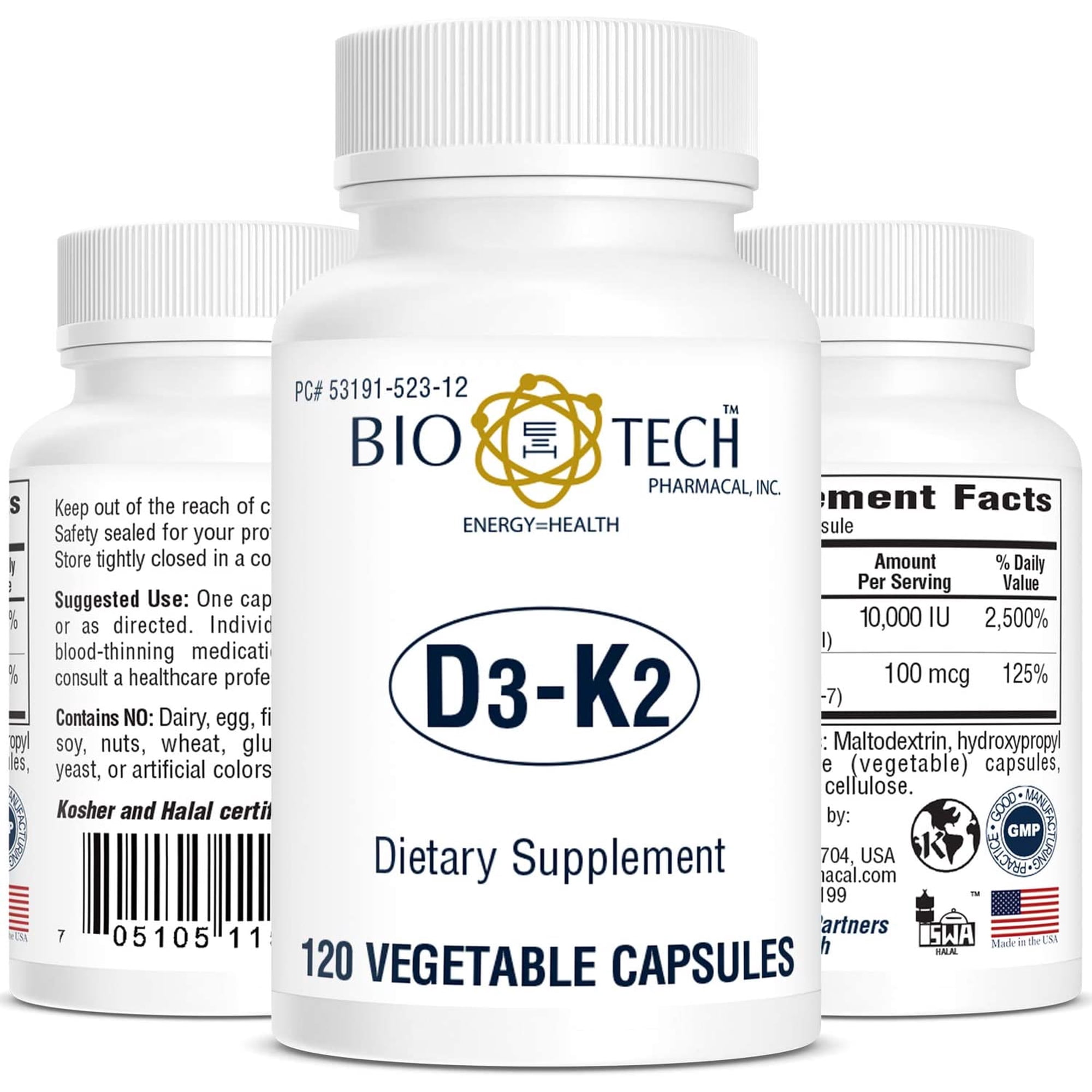 Bio-Tech Pharmacal D3-K2 (10,000 IU-K2), 120 Vegetable Capsules – All-Natural Supplement – Supports Skeletal & Immune Health – No Dairy, Fish, Gluten, Peanut, Shellfish, & Soy
