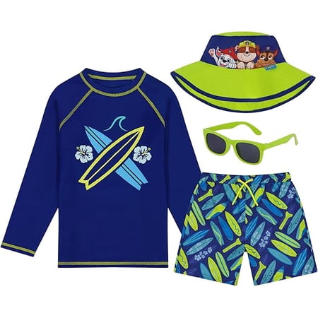 ABG Accessories Boys Paw Patrol & Mickey Mouse Long Sleeves Rash Guard Swim Shorts, Glasses & Bucket Hat Kids Set Age 3-8