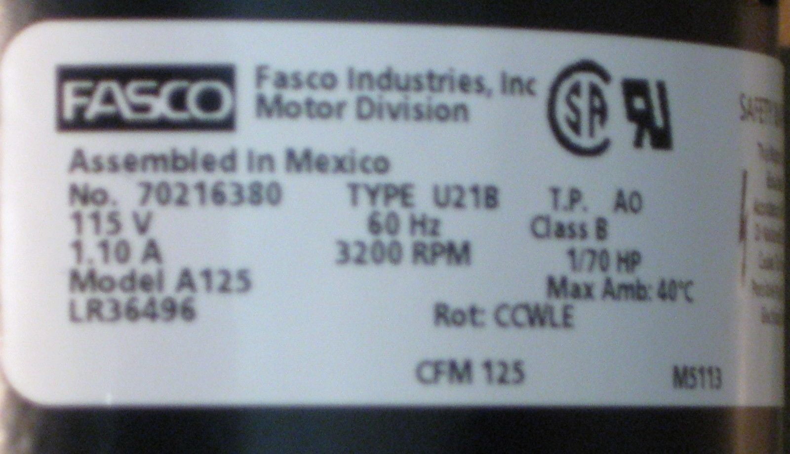 Fasco A125 Dual Centrifugal Blower Motor 125 CFM