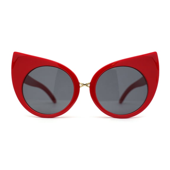 Womens Oversize Round Circle Lens Curled Ears Cat Eye Sunglasses Red Black