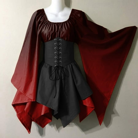 

FZM For Womens Trumpet Sleeve Irish Shirt Dress With Corset Traditional Dress Women M Gothic Retro Long Sleeve Corset Dress
