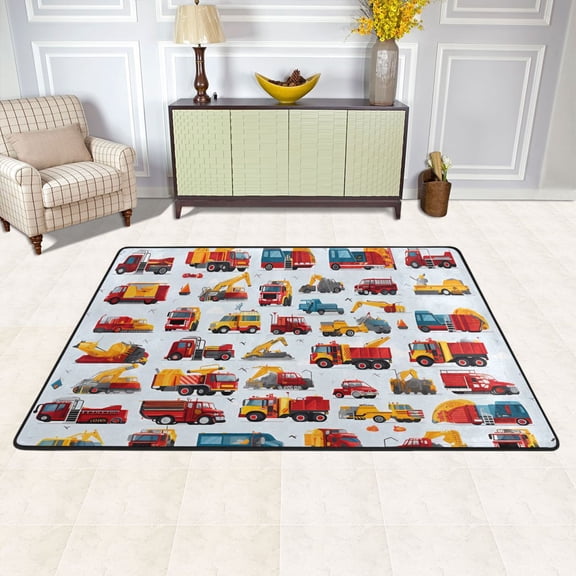 Cartoon Trucks Excavators Area Floor Mats Soft Large Nursery Rugs Non-Slip Foam Carpets Living Room Doormat for Bedroom Dinning Decor 36" x 24"