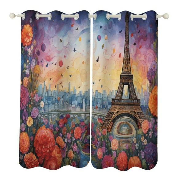 Blackout Curtains for Bedroom Eiffel Tower Full Room Darkening Grommet Curtains for Living Room,Thermal Insulated Ombre Drapes