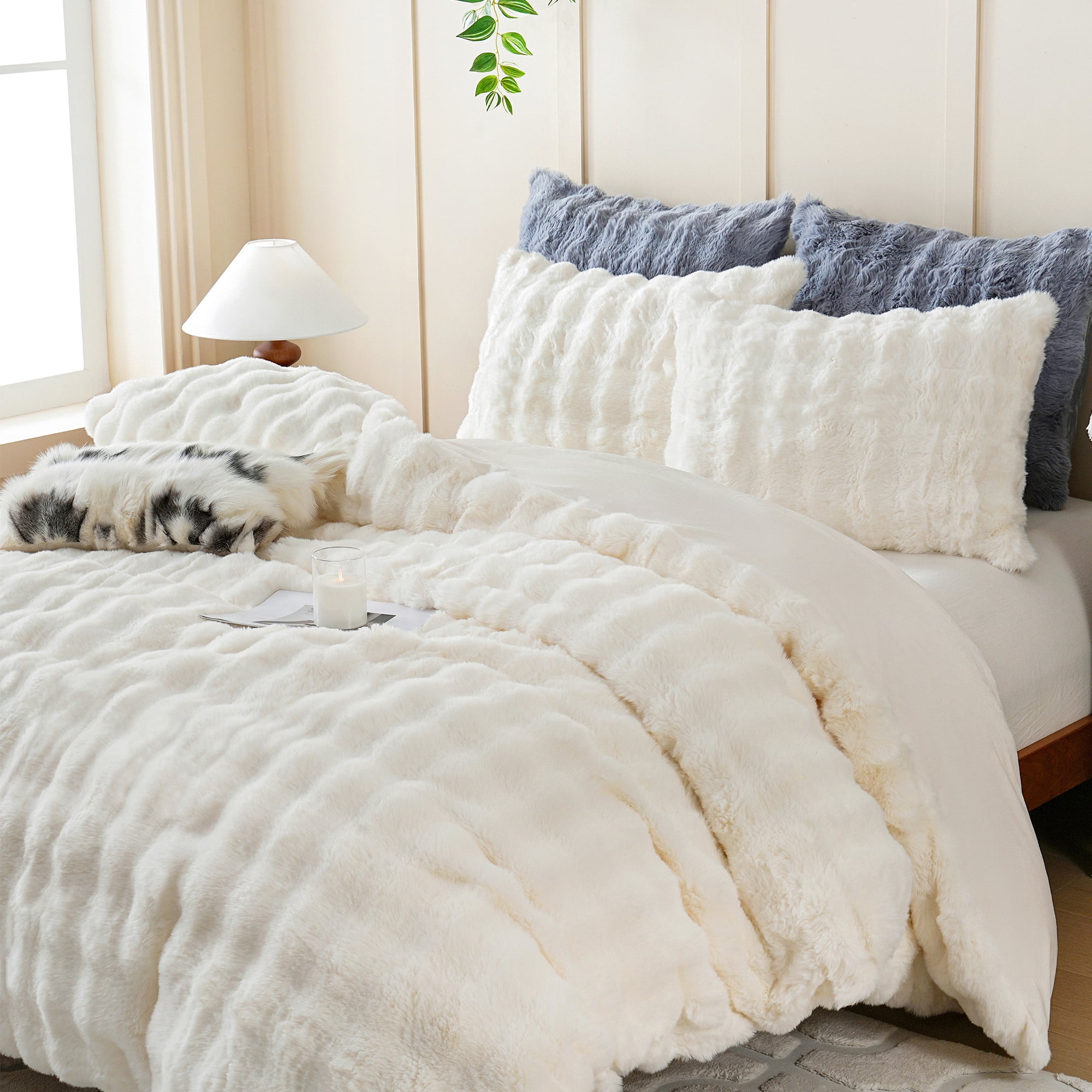BLEUM CADE 3 Piece Fluffy Comforter Set King Size,Fuzzy Soft Faux Rabbit Fur Bedding Set Off -White,Shaggy Plush Duvet Cover Set with 2 Pillowcases