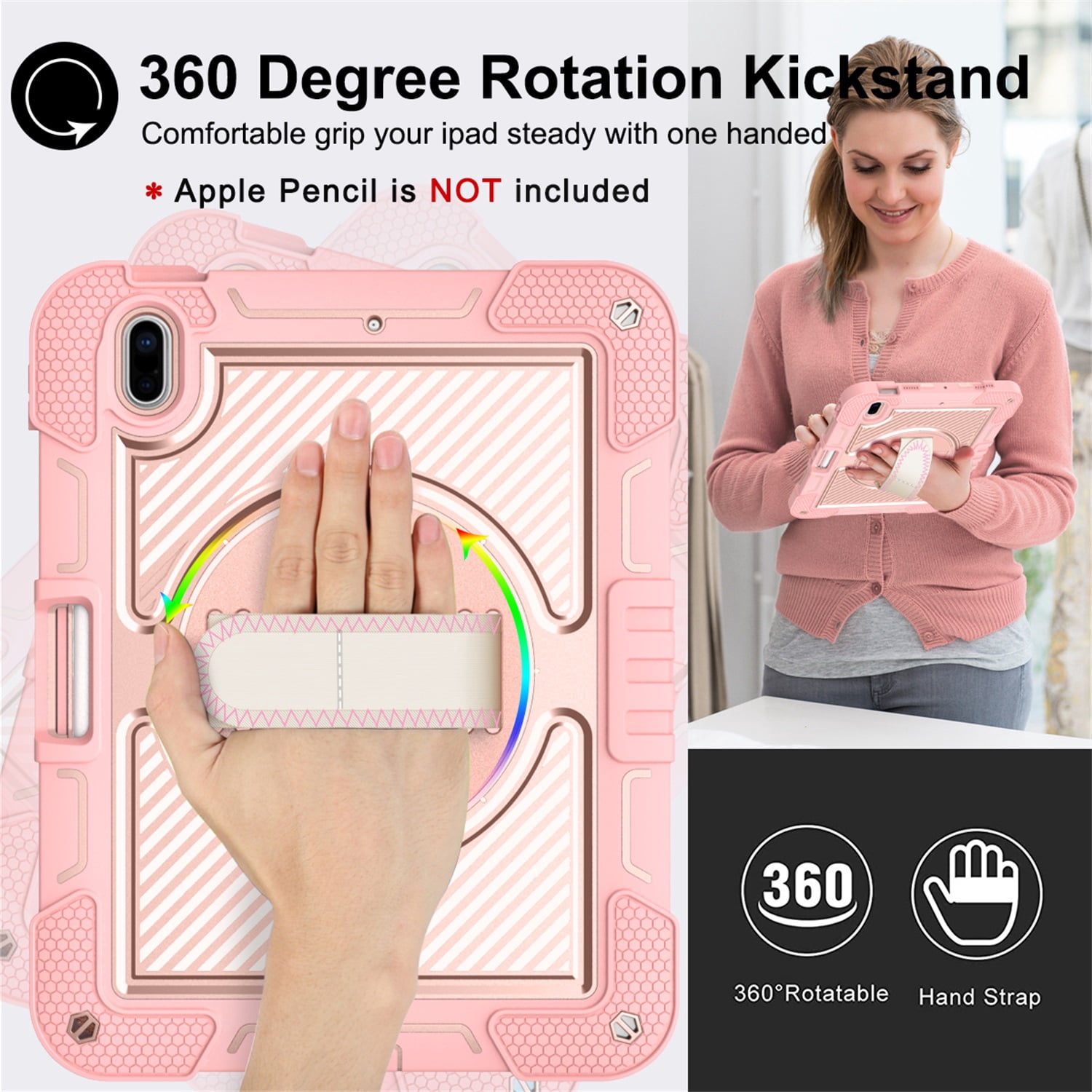 Tarise Case for Apple iPad 10th Generation 10.9 inch (2022), 360° Rotating Kickstand with Pencil Holder/ Hand Strap/ Shoulder Strap Hard PC Rugged Silicone Shockproof Bumper Stand Cover, Rosegold