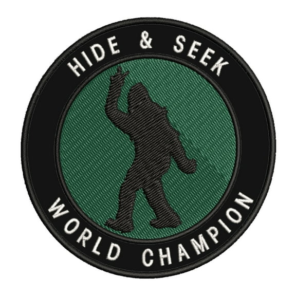 Bigfoot Hide & Seek World Champion 3.5" Iron On Or Sew On Embroidered Fabric Badge Patch Unexplained Mysteries Iconic Series