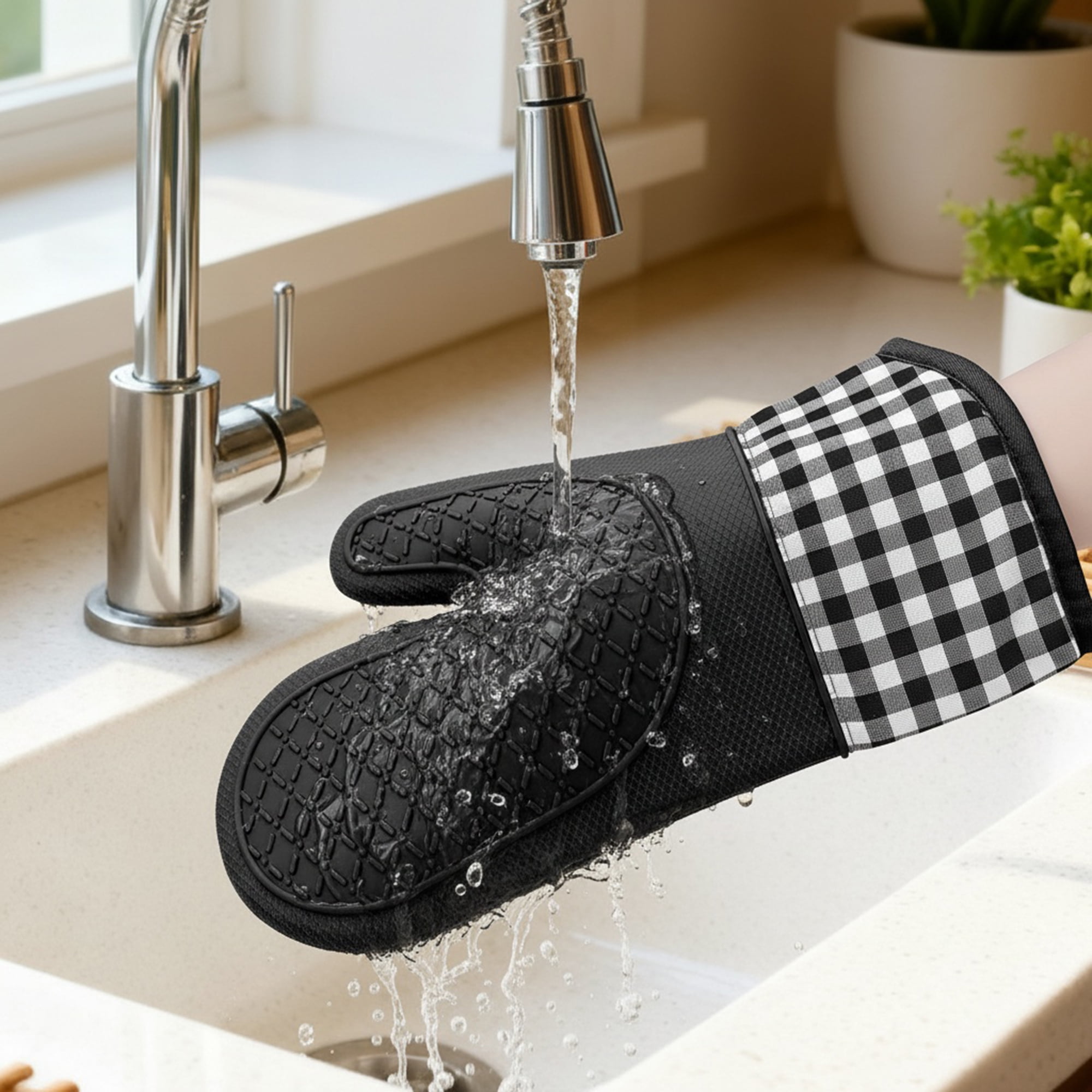 Unique Bargains Pot Holders Heat Resistant Kitchen Gloves Black 10.9x7.1inch