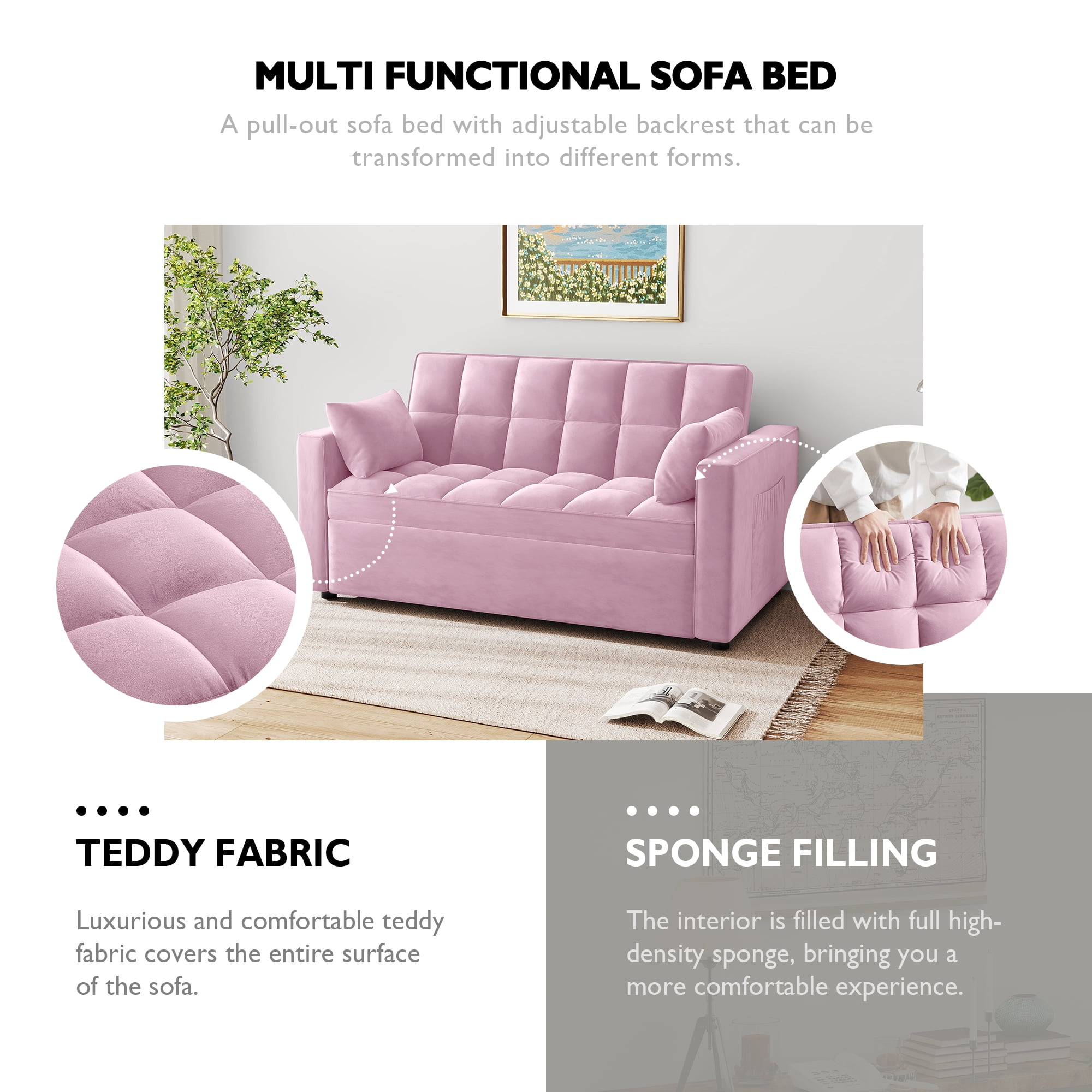 AENKYO Convertible Pull-Out Loveseat Sleeper Sofa Bed for Living Room, Modern Upholstered Futon in Pink