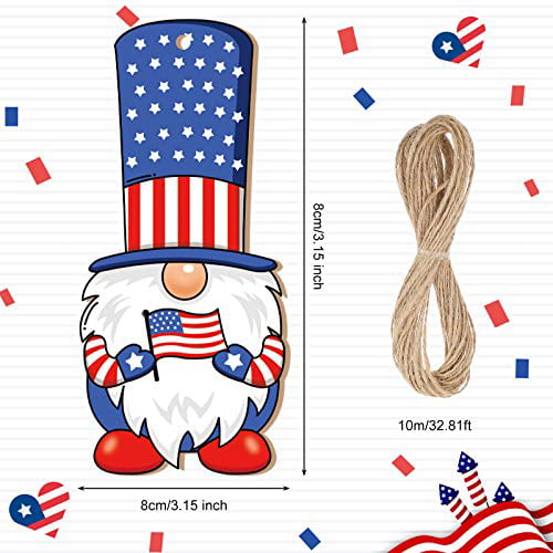 4th of July Ornaments Gnome Wooden Pendant Leprechaun Gnome Ornament Decorations for Independence Day Tree Table Shelf Window Decorations Yseoul 24 Pieces 8 Style Patriotic Gnome Wood Ornaments 