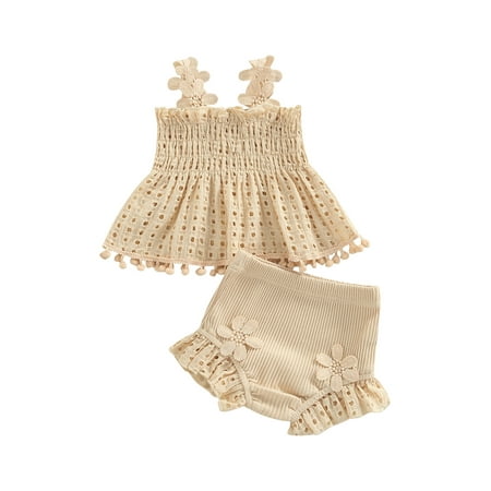 

Suanret Toddler Baby Girls Summer Outfits Solid Color Cutout Pleated Tank Tops Stretch Casual Ruffle Shorts Set Apricot 12-18 Months