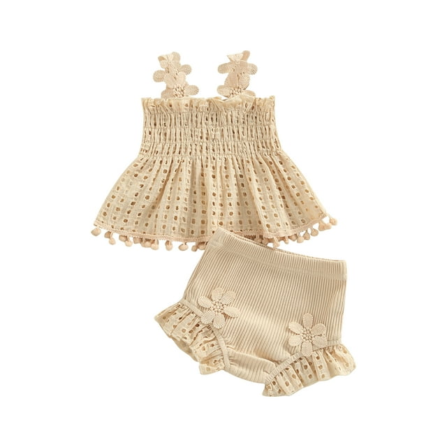 Fortune Ensemble d'Été pour Bébés Filles Débardeur Plissé Découpé et Shorts à Volants Extensibles 2 Pcs