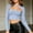 Blue, variant on Women's Cut Out Bandage Crop Top Long Sleeve Hollow Chest Bandeau Ribbed Knit Slim Fit Clubwear Party Shirts Black L(L)