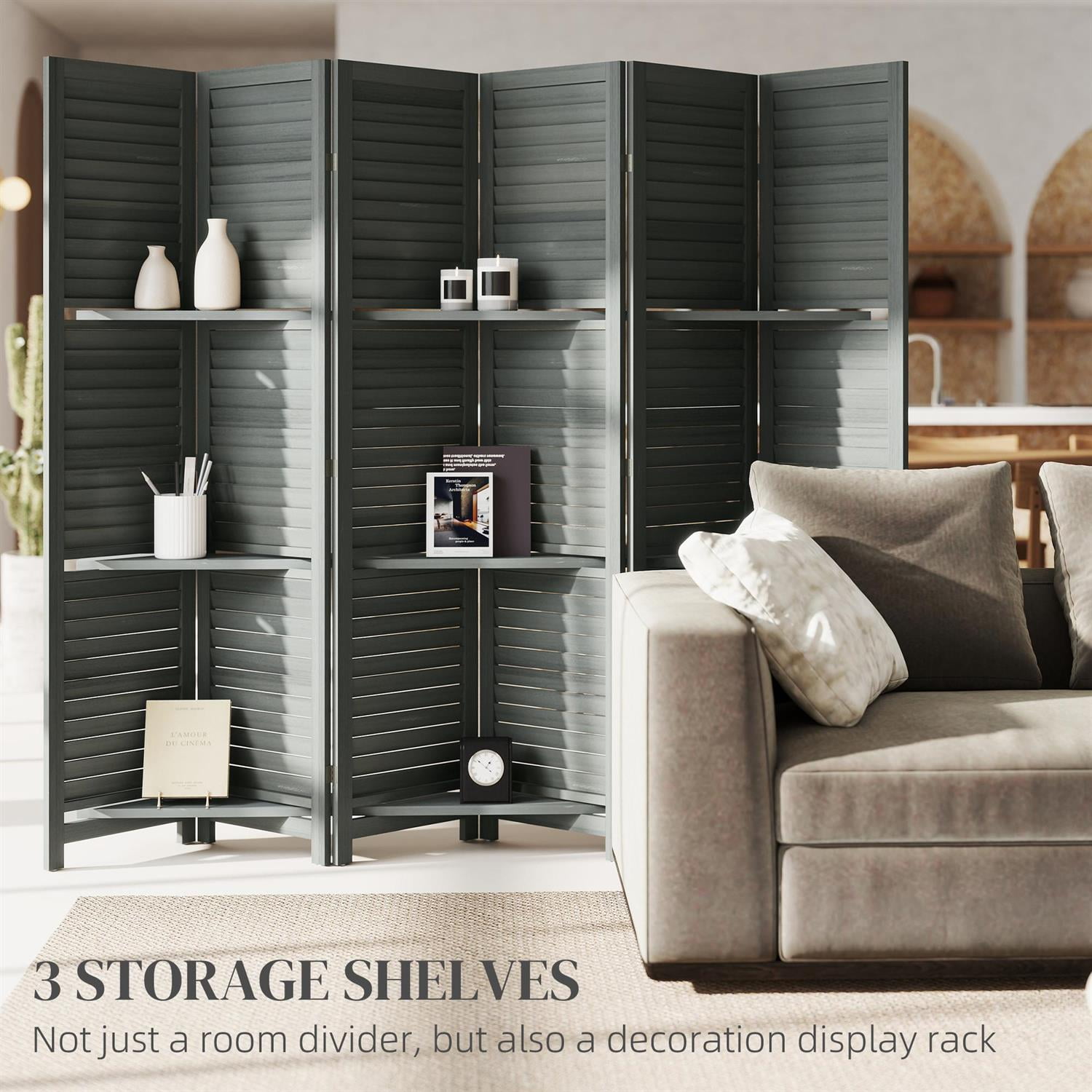 Demi Bonn 67" Tall Wood Privacy Screen Room Divider with 6 Panels, 3 Shelves, Folding Storage for Bedrooms, Gray
