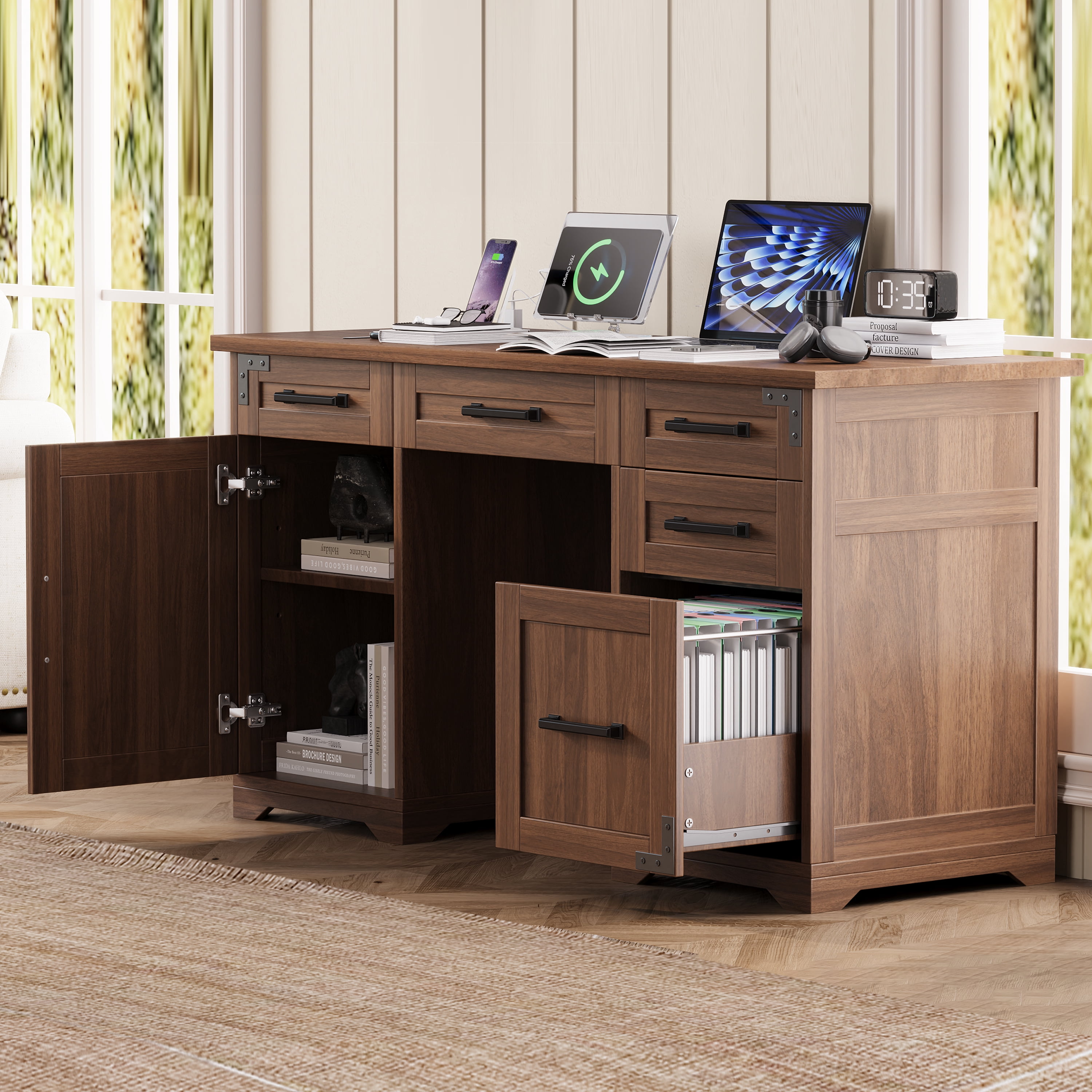 Aukfa 55" Farmhouse Executive Desk with Charging Station, Home Office Computer Desk with File Drawer & Storage Cabinet,Walnut