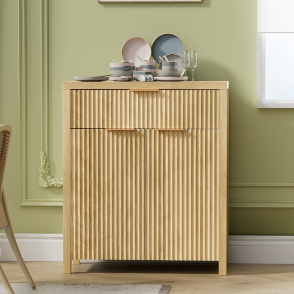 GIKPAL Sideboard Buffet Cabinet, Kitchen Storage Organizer with Adjustable Shelf and Doors, Boho Fluted Accent Cabinet with Storage Drawer for Dining Living Room Furniture, Natural Oak