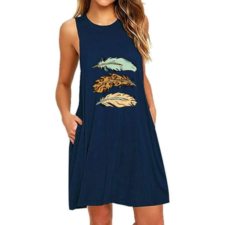 

Leesechin Womens Sleepwear Trendy Pocket Printing Sleeveless Casual Nightdress Dresses on Clearance