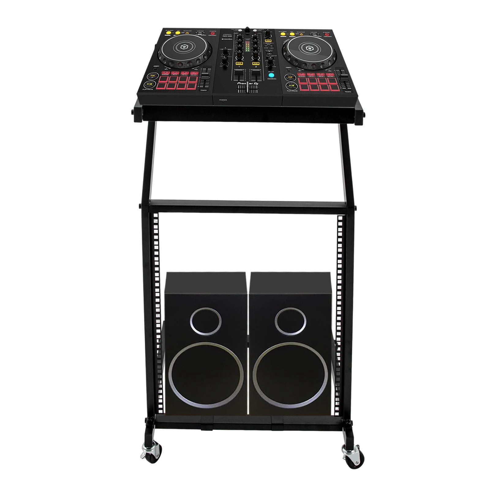 ToppiJoy 2 Tiers Adjustable DJ Mixer Stand, Professional DJ Stand with Wheels Mount Rolling Stage Cart for DJ Stand