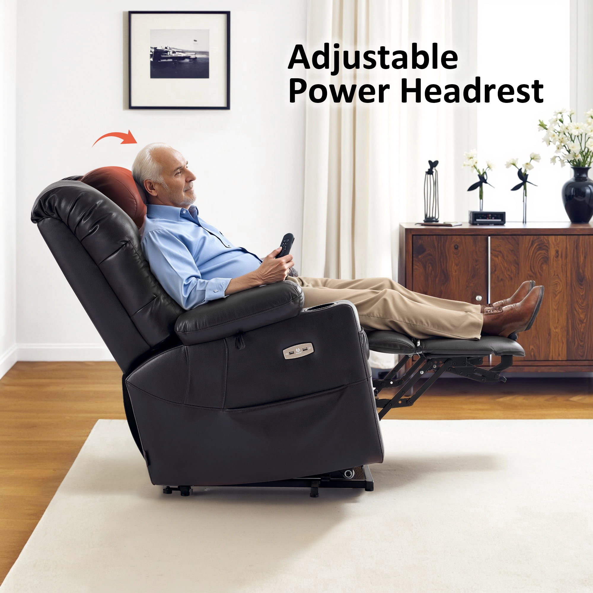 MCombo Large Triple Motor Power Lift Recliner Chair for Tall Elderly, Faux Leather, Black
