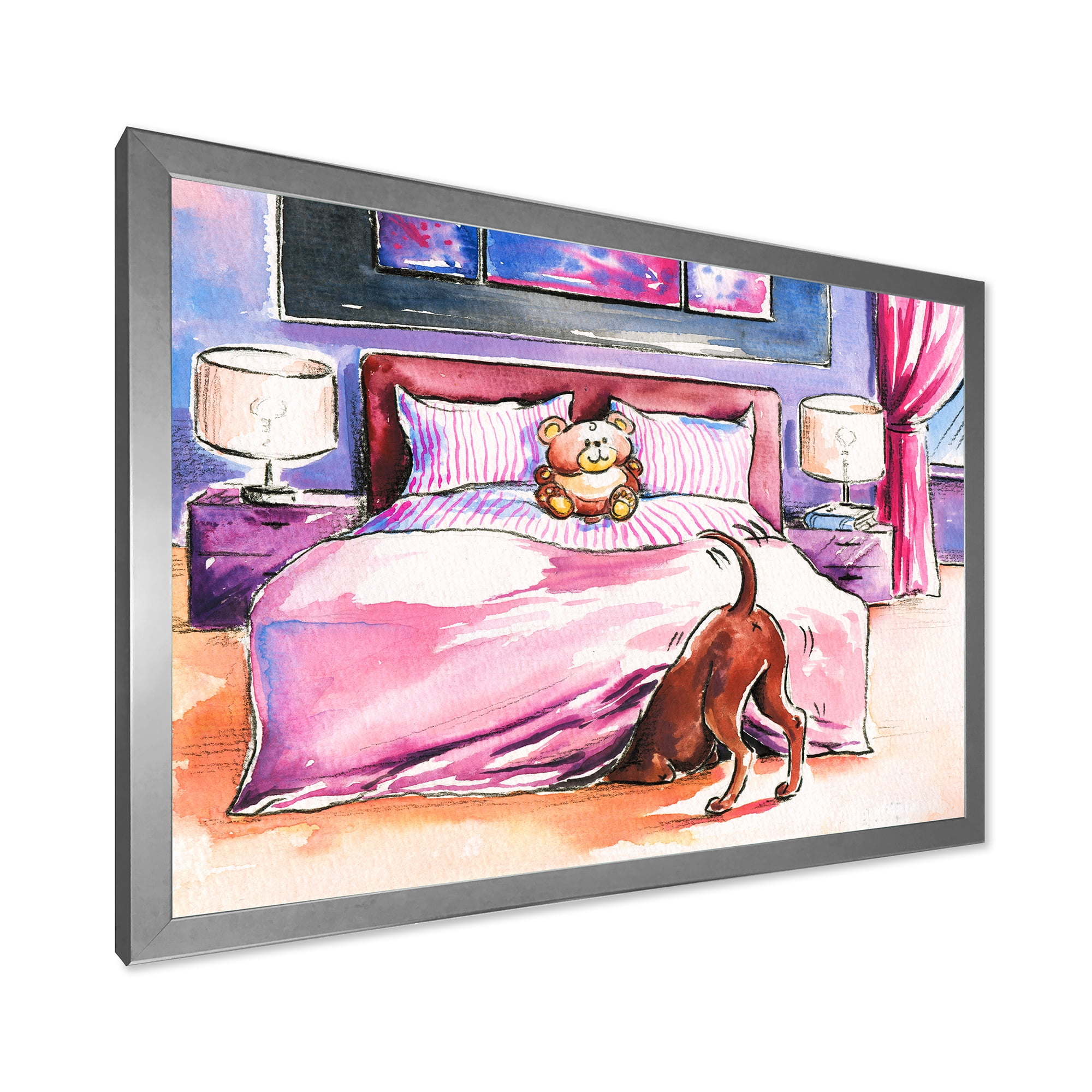Designart 'Brown Dog Looking Under the Bed and Teddy Bear' Farmhouse Framed Art Print