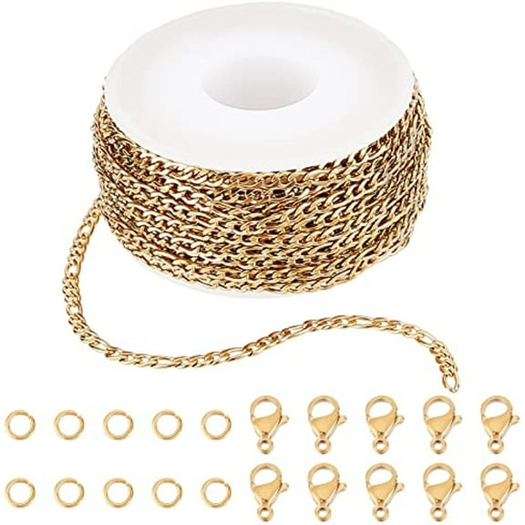DIY 10M 32.8 Feet 3MM Gold Chain Roll Figaro Chains Stainless Steel Cable Chain Necklace Chains with Jump Rings Lobster Clasps for Women Adults Jewelry Making Kits Necklaces Bracelets Craft