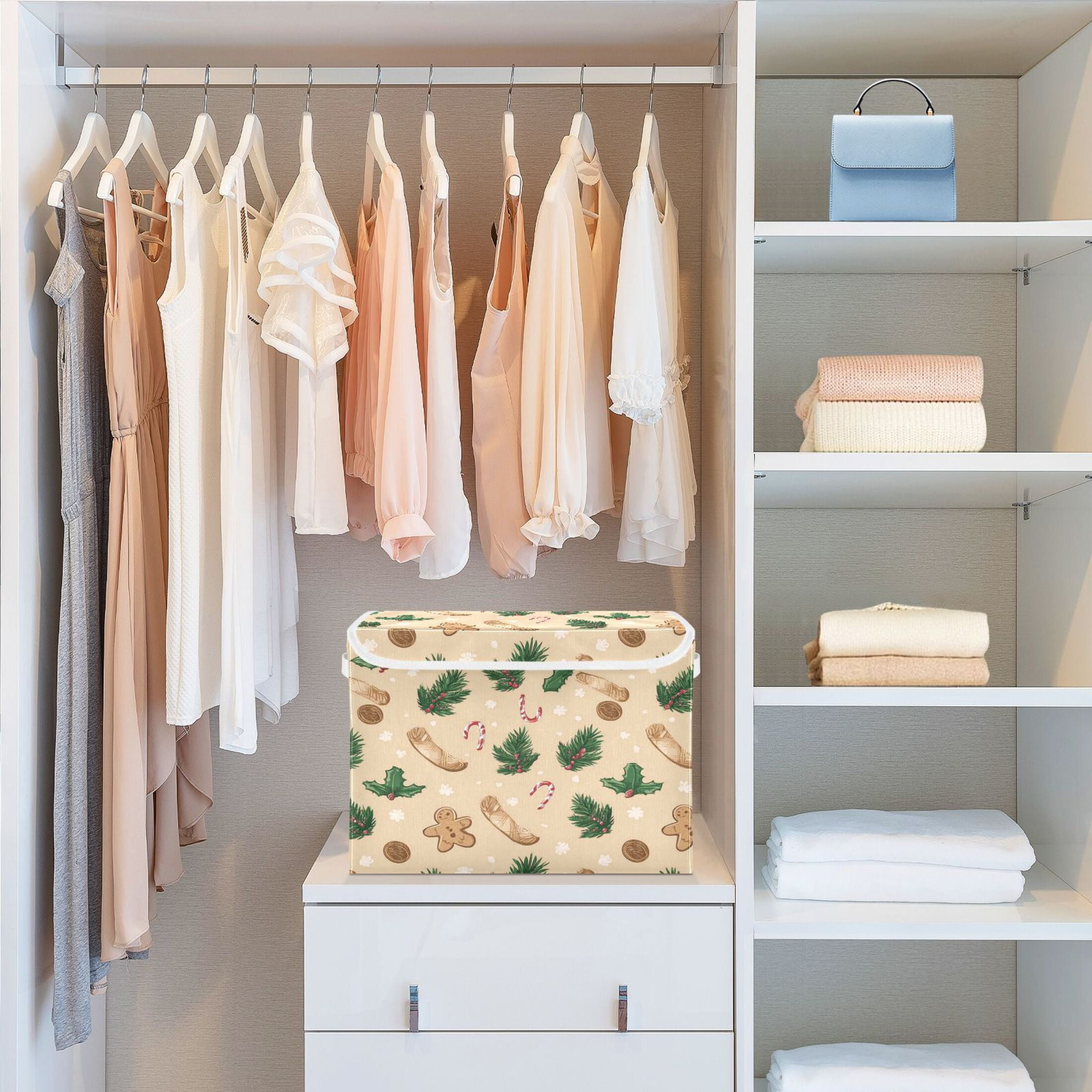 IAUYY 42*32*30cm Storage Bin with Lid Storage Boxes with Handles,300D Oxford Fabric+Hollow Board Applicable to Clothes Storage Office Storage,Bright Beige Color
