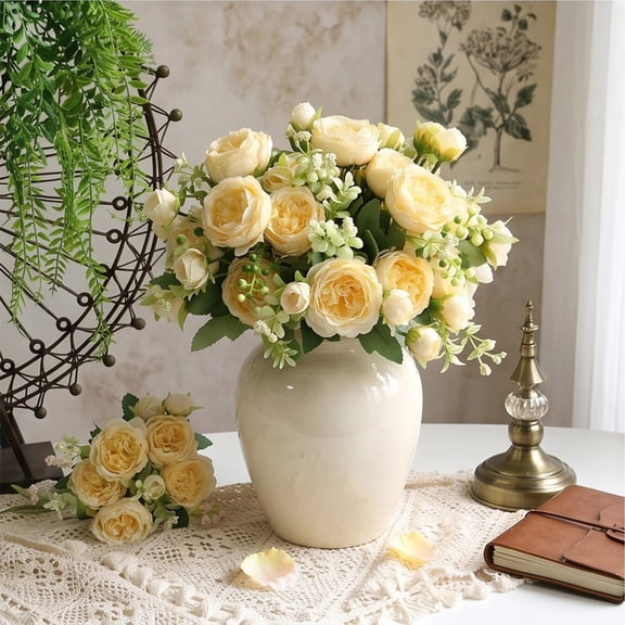 Bcylexb Artificial Flowers Rose Bouquets, Lifelike Faux Silk Fake Flowers with Green Leaves Fake Living Room Decor for Dining Table Centerpiece Bedroom