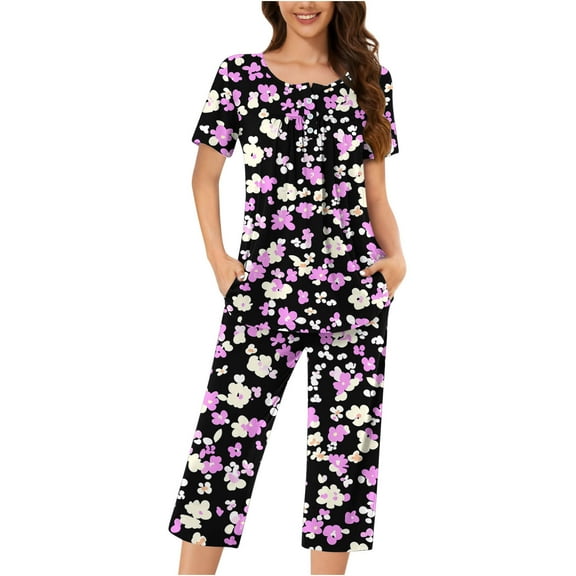 Women Short Sleeve Outfits Printed Sleepwear Two Piece Summer Lounge Set Lightweight Sleep Set Women's Pajamas Sets