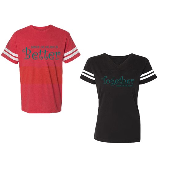 Better Together Unisex Couple Matching Cotton Jersey style T-Shirt Contrasting stripes on sleeves (Men Red / Women Black) (Men S / Women S)