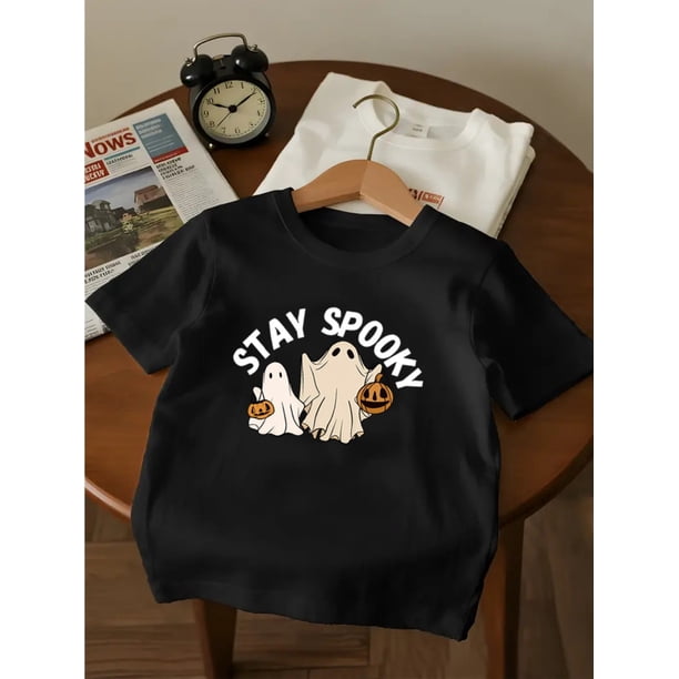 Halloween T-shirt - Spooky Graphic Tee with Ghosts - Soft Knit Red Top for Everyday & Halloween Party Outfits - Cute Casual Shirt for Girls, Halloween Clothes, Seasonal Kids' Apparel, Playful Des