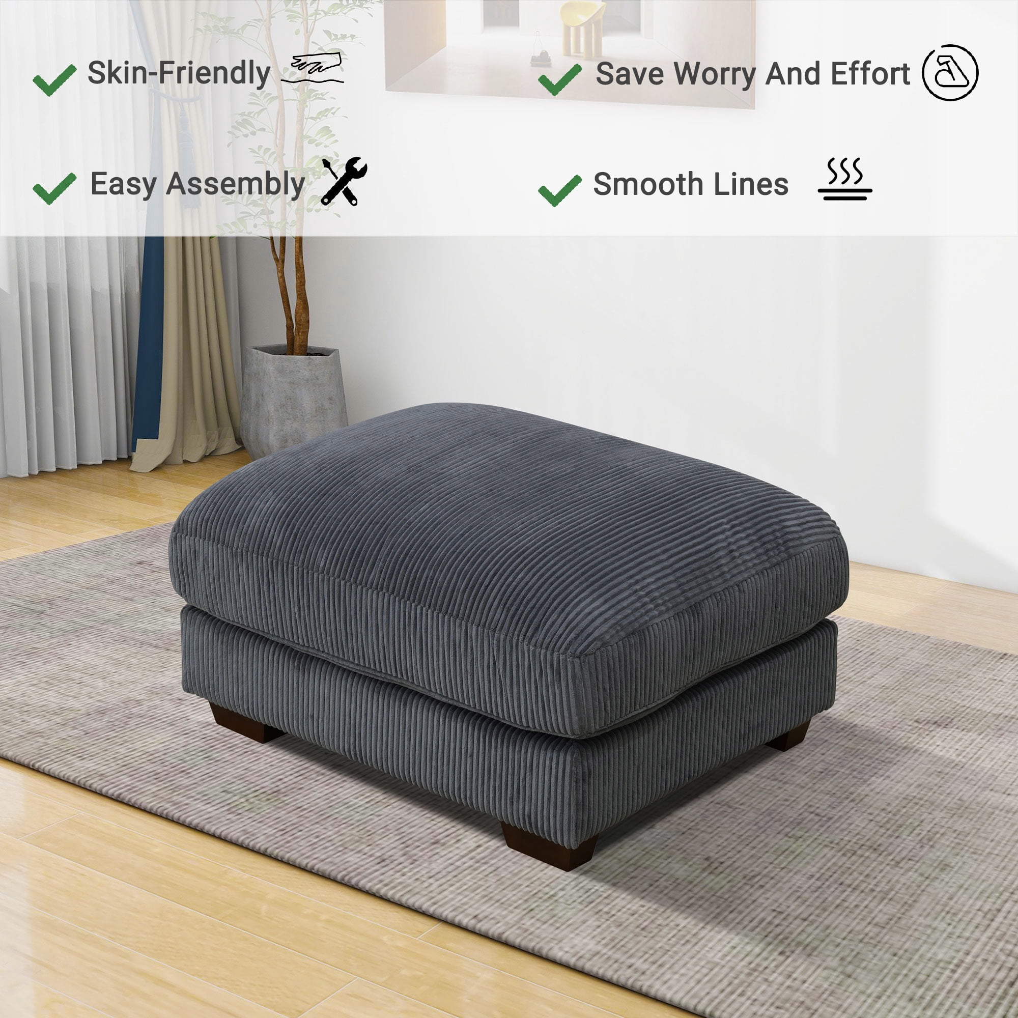 Large Oversized Ottoman Bench for Living Room, No Assembly Needed, Charcoal Corduroy