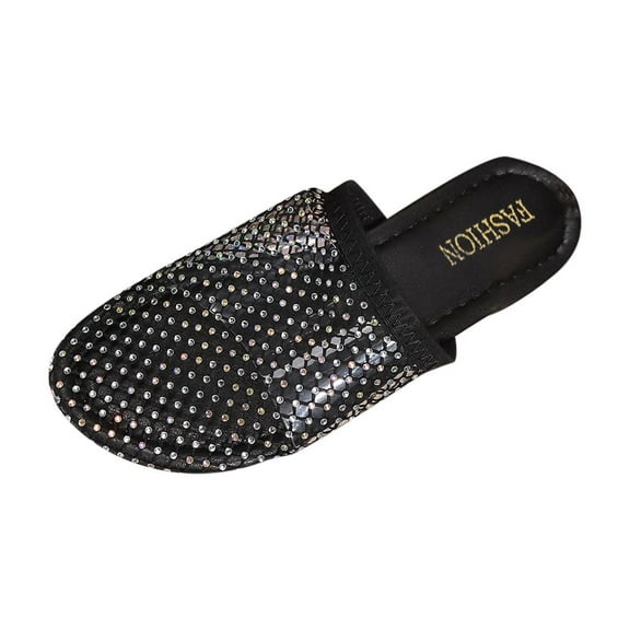 Black Ladies Closed Toe Flat Slippers With Rhinestone And Round Toe For Outdoor And Indoor Activities Comfortable