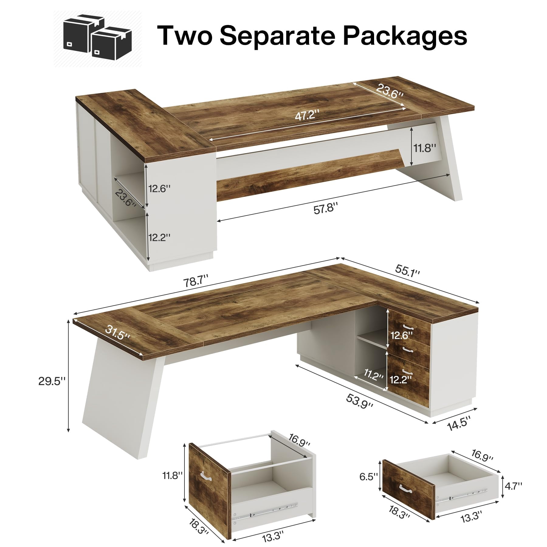 Tribesigns 78-Inch L-Shaped Executive Desk, Large Office Desk with Drawers and Lateral File Cabinet, Modern Computer Desk for Home Office, Brown & White