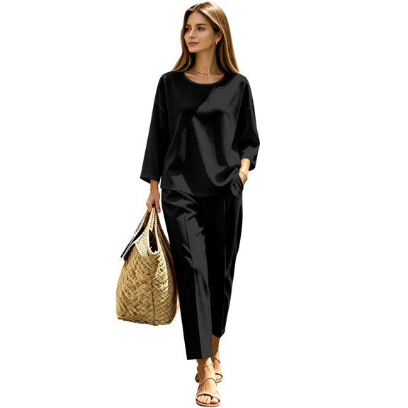 Women's Solid 2‑Piece Outfit Set, Round Neck 3/4 Sleeve Top & Cropped Ankle Pants, Casual Linen Look Loungewear for Everyday Street Wear,Travel Airport Outfits 2026,Black,S