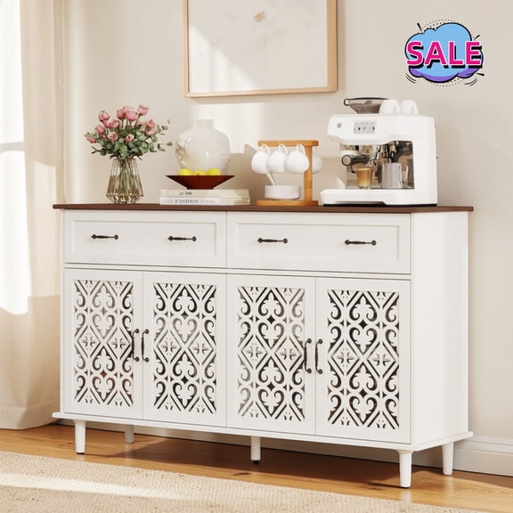 Hassch Sideboard Buffet Cabinet, 59 inch Accent Storage Cabinet with 2 Drawers and 4 Doors, Coffee Bar Cabinet, Credenza for Kitchen, Entryway, Dining Room, Living Room, White & Walnut