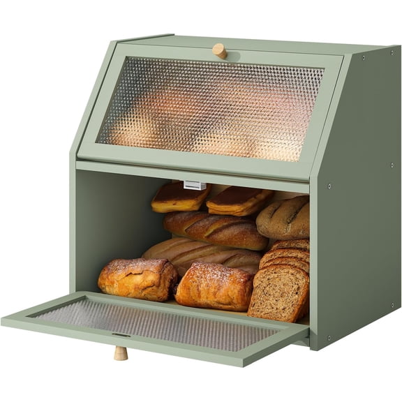Bread Box for Kitchen Countertop Bin Double Layer Bread Box Storage Container Extra Large Capacity Farmhouse with Diamond Pattern Windows (Green, Extra Large)