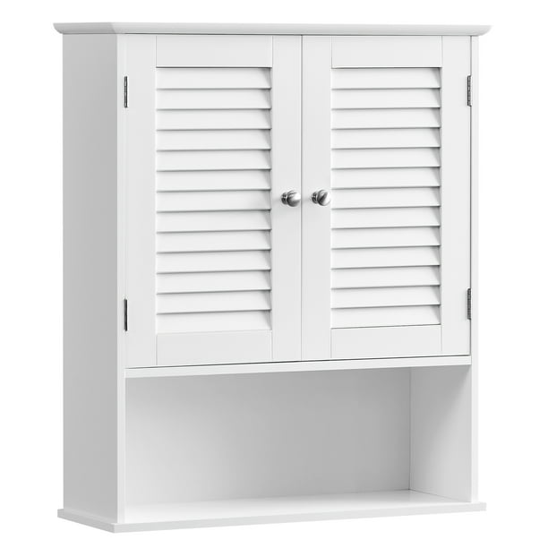 VASAGLE Armario de Pared para Baño, Armario de Almacenamiento Colgante, Armario con Estante Ajustable, Puertas de Doble Persiana, 20 x 60 x 70 cm, Blanco MBBC27WT