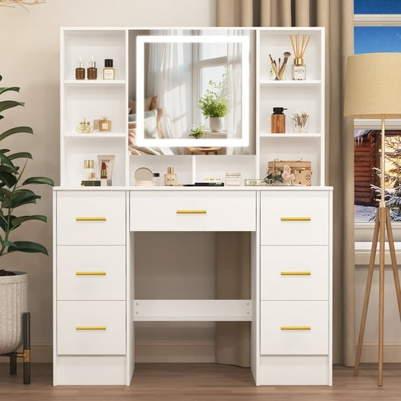 Yamissi Makeup Vanity Desk with LED Lighted Mirror, White Vanity Table with 7 Drawers, Modern Dressing Table for Women