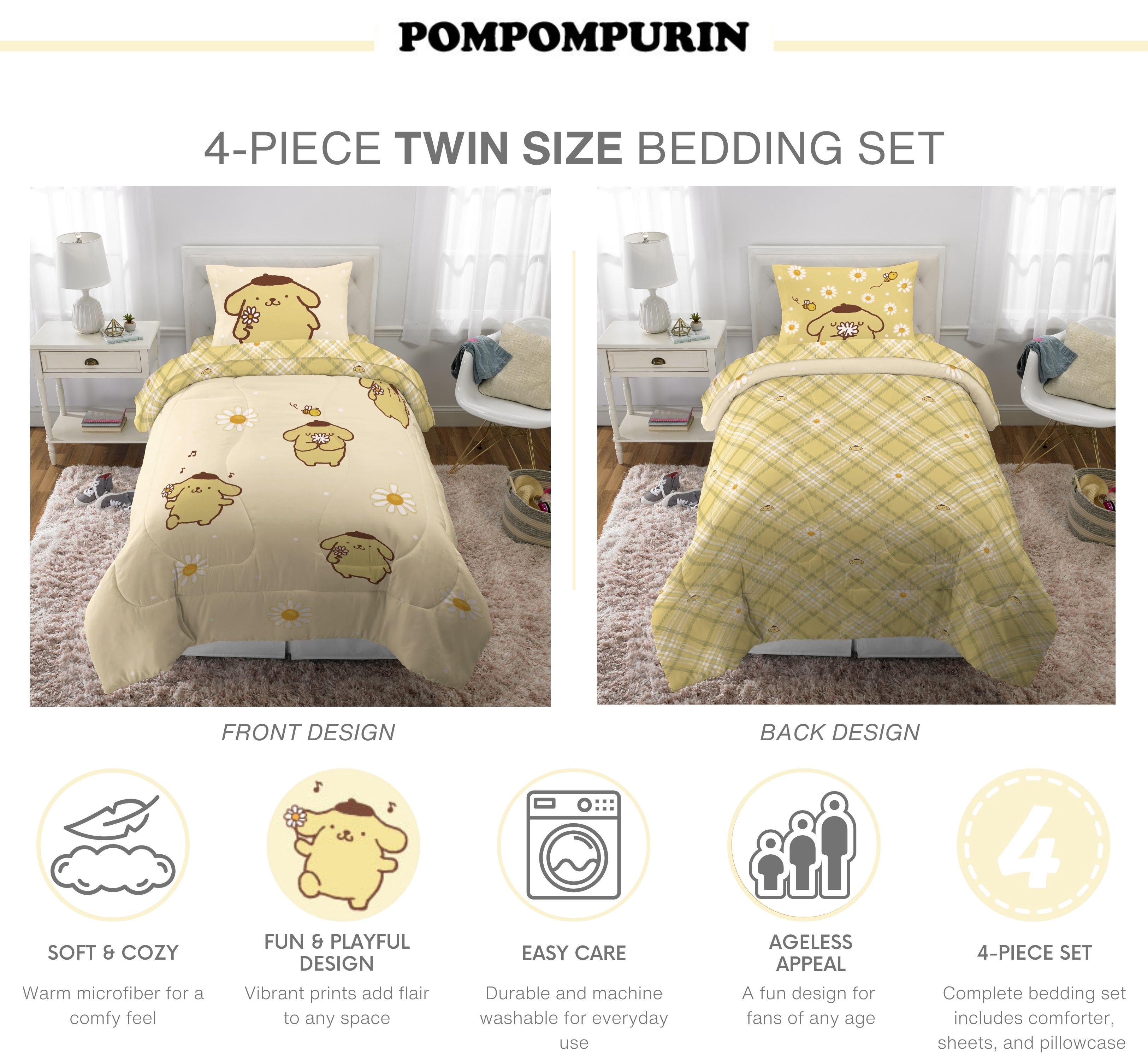 Pompompurin 4 Piece Yellow Gingham Print Reversible Comforter, Pillowcase, and Sheet Set, Twin, Sanrio