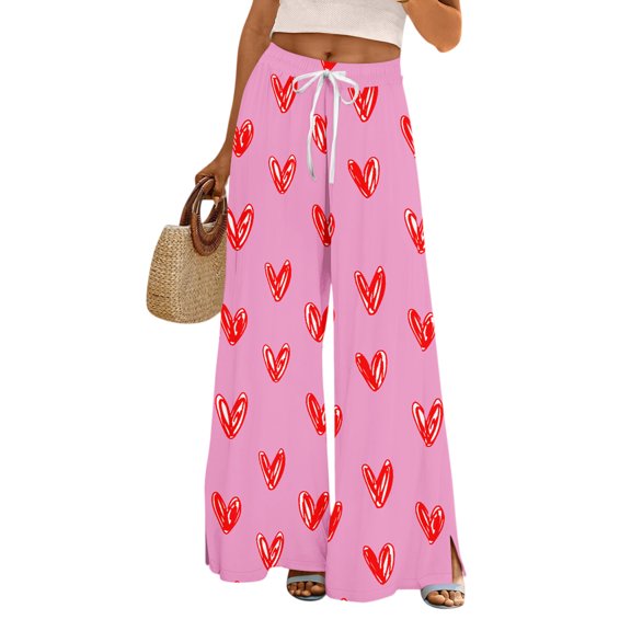 Women's Fashion Pocket Valentine's Day Print Stretch Adjustable Drawstring Wide Leg Pants, Elastic Waist Holiday Pants, Casual Lounge Wear for Women,Hot Pink,XL