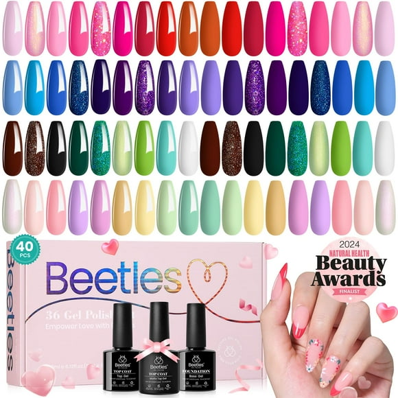 beetles Ensemble de Vernis Gel 36 Couleurs Collection Verse of Flower Printemps Été Vernis Gel pour Ongles Rose Rouge Vert Bleu Vernis Gel avec 3 Pcs Couche de Base Couche de Finition Trempage Gel UV et Bâton d'Art des Ongles