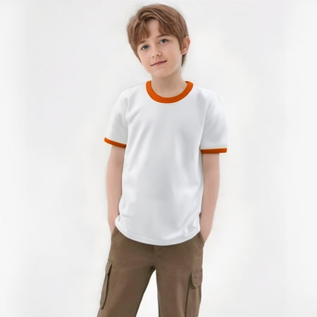 Boys Graphic Tees Kids Unisex Color Block Short Sleeve Crewneck Tee Boys Tops Orange 5-6 Years