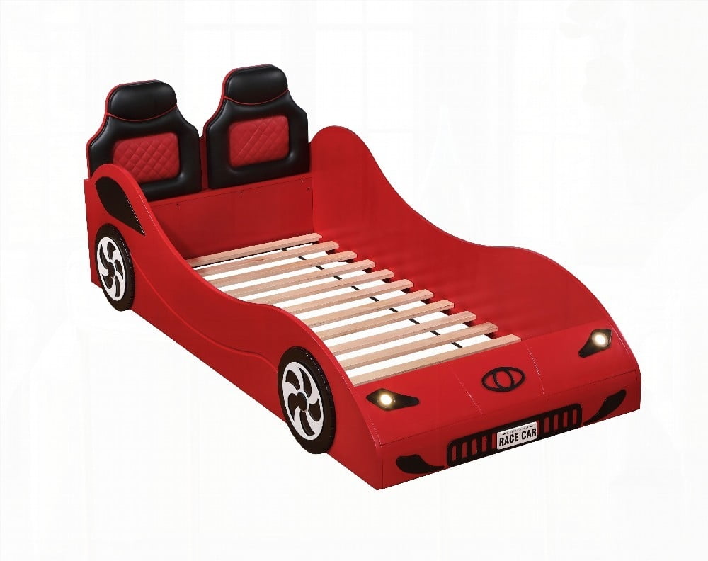Colen Red Finish Twin Car Bed with Cool LED and Padded Upholstery