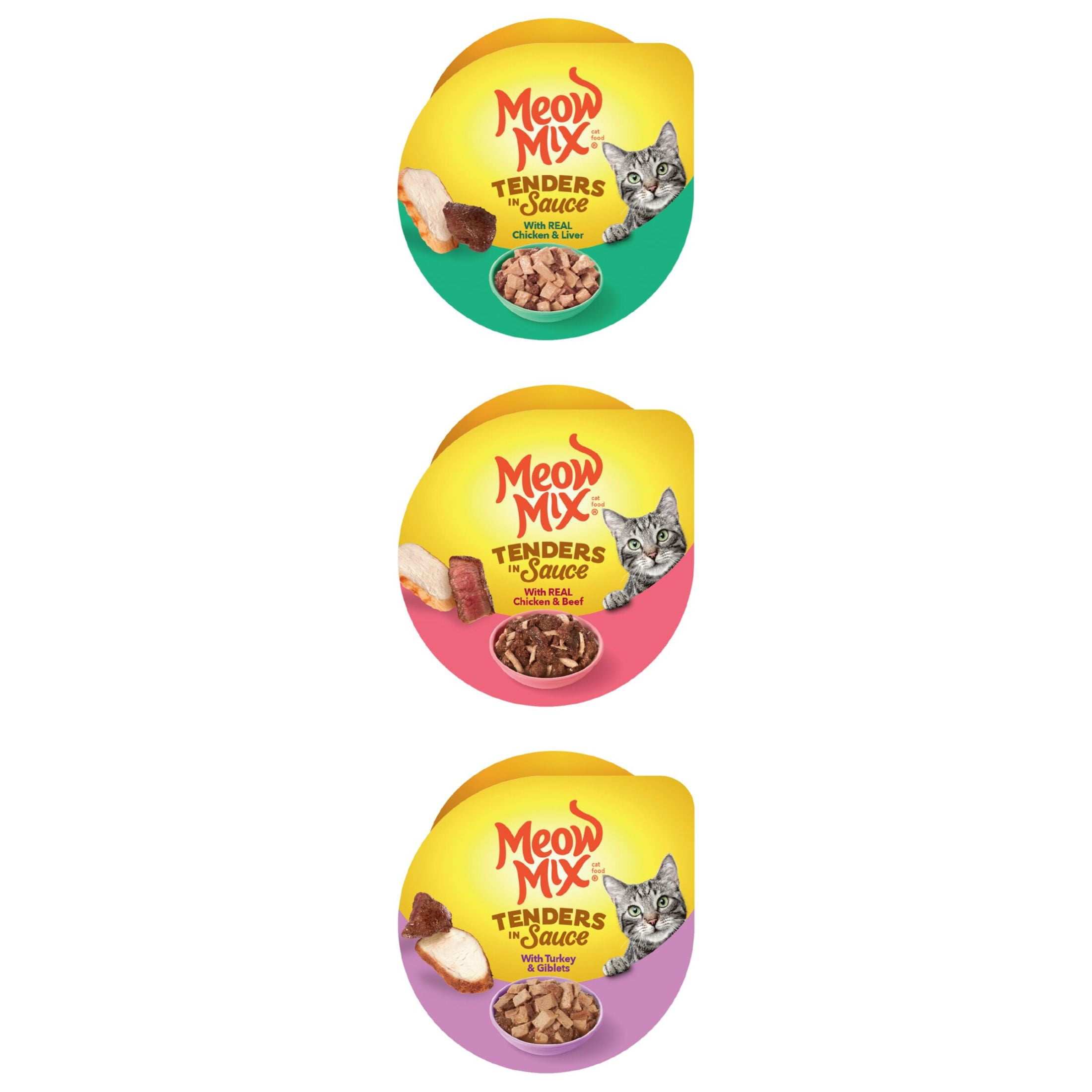 (24 pack) Meow Mix Tenders in Sauce Wet Cat Food Variety Pack With Poultry & Beef Favorites, 24 Cups, 2.75 oz Each