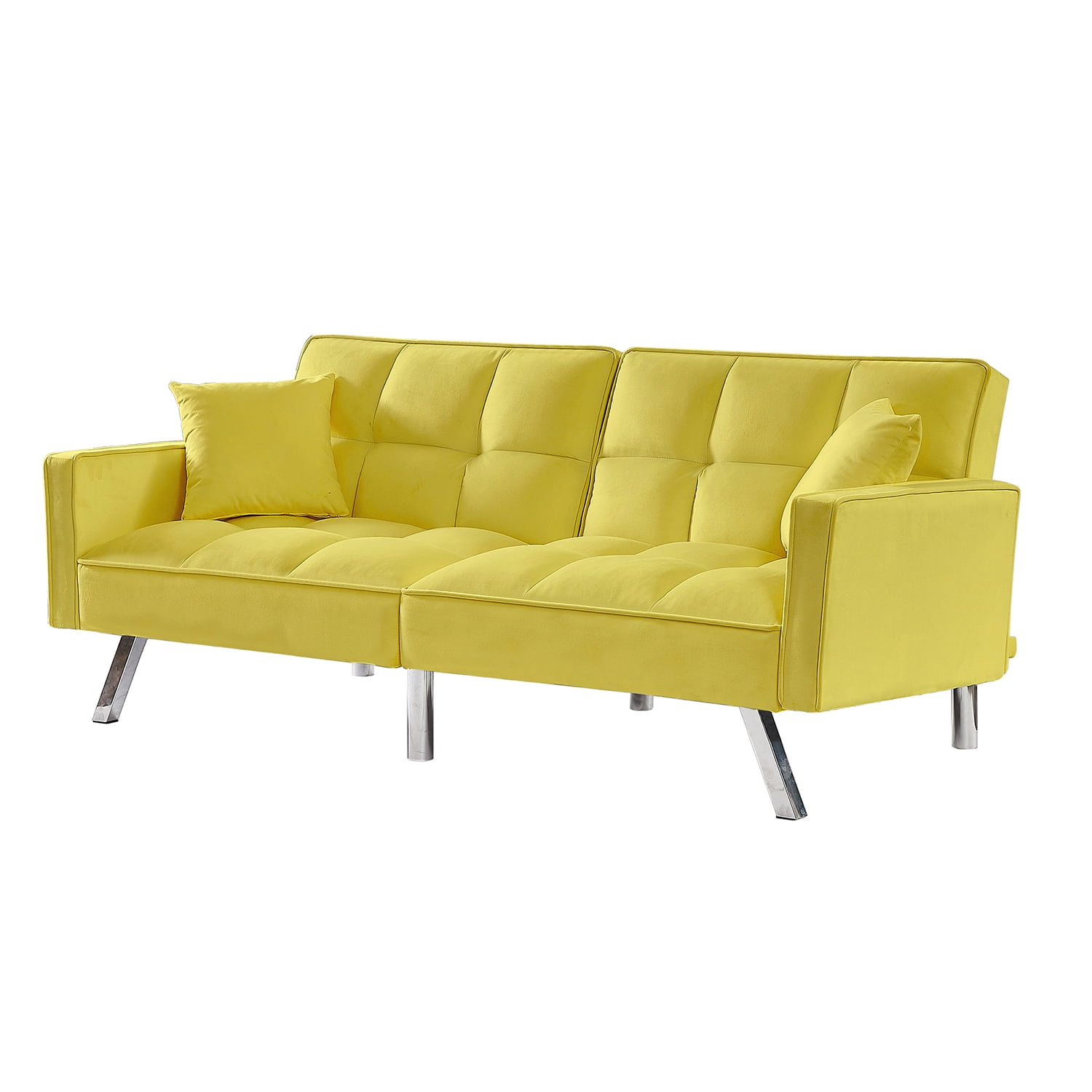 Kadyn Convertible Futon Sofa Bed, Velvet Couch Bed with Armrests and 2 Pillows, Modern Futon Sofa for Compact Living Space, Yellow Kadyn Convertible Futon Sofa Bed, Velvet Couch Bed with Armrests and 2 Pillows, Modern Futon Sofa for Compact Living Space, Yellow