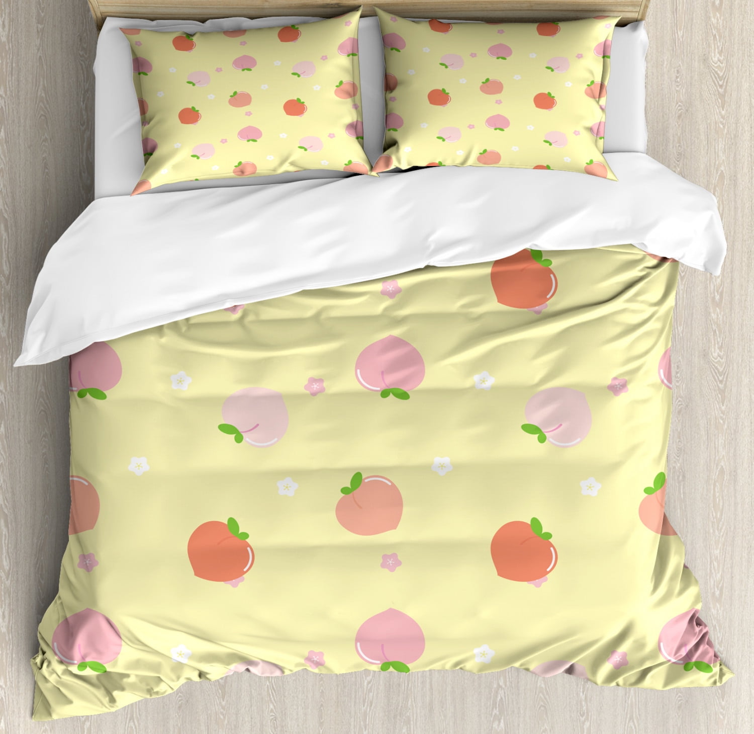Peach Colors Duvet Cover Set, Repetitive Fruit with Leaves Blossom in